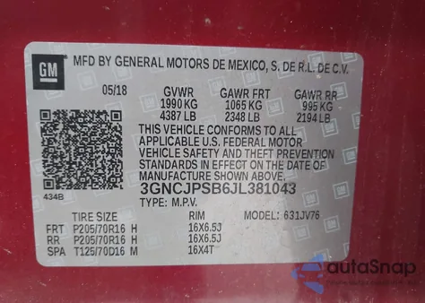 2018 Chevrolet Trax Lt z USA, uszkodzony, nr VIN 3GNCJPSB6JL381043